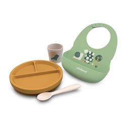 Miniland - Baby BLW Silicone Tableware | Baby Plate with Non-Slip Suction, Silicone Bib with Pocket, Cup and Cutlery | Infant Tableware for Baby Led Weaning (Set Garden)