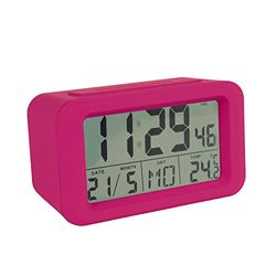 Fisura – Reloj Despertador Digital Morado Led. Reloj indicador de Fecha y Temperatura. 2 alarmas. Botón Snooze. 2 Pilas AAA.Goma ABS.Medidas:12x5,5x7