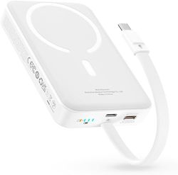 Baseus Magsafe Powerbank PD 30 W, 10 000 mAh magnetiskt externt batteri med integrerad USB-C-kabel (på/av) för iPhone 15/14/13/12-serien, mini powerbank, liten men kraftfull, vit