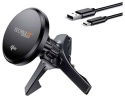 Technaxx Magnetische autolader 15W, Qi2 Car Mount Charger TX-323, Air Vent Telefoonhouder met metalen ring, USB-A naar USB-C-kabel - Snel draadloos opladen voor iPhone 12+ en Qi-compatibele telefoons