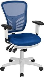 Flash Furniture Mid-Back Blue Mesh Multifunctionele Executive Swivel Ergonomische Bureaustoel met Verstelbare Armen en Wit Frame