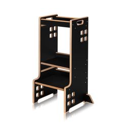 LIONELO Cass Tour Montessori pour Enfants 3en1 de 1 an à 30kg - Aide-Cuisine, étagère à Livres et Tour d'apprentissage pour Enfants, Tabouret de sécurité Stable à Hauteur réglable (Black)