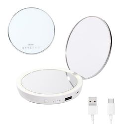 STYLPRO Flip 'n' Charge LED Mirror with Power Bank for Phones, Rechargeable, Handheld + Compact Mirror, Portable, 3 x Magnification