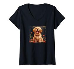 Mujer Golden Retriever Cute Puppy Rising Flowers Graphic Camiseta Cuello V