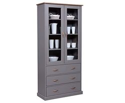 Inter Link - Armoire Vitrine et Buffet - Vaisselle - Salle à Manger - Style Campagnard - Bois Massif FSC - 2 Portes - 3 Tiroirs - Luzerna 10 - Gris