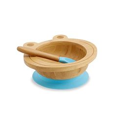 GREENBOX Bamboeschalenset kikker, zuignapkom met lepel, FSC-gecertificeerd, leuke bamboe houten kommenset voor kinderen, baby-rei-kom en mueslischaal, baby-bamboe servies, blauw
