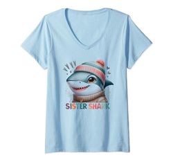 Donna Divertente squalo tee Sister Shark Family squalo corrispondenza Maglietta con Collo a V