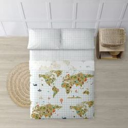 BELUM Parure de lit avec taie d'oreiller et Drap-Housse 100% Coton Motif Carte du Monde Beige pour lit de 180 (260 x 270) (240 x 270) 175 x 270 cm