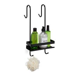 Relaxdays Shower Rack for Hanging, Stainless Steel, No Drilling Caddy, 4 Hooks, HxWxD: 45.5 x 23.5 x 21.5 cm, Black