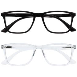 OPULIZE NYX Blue Light Blocking Reading Glasses - Anti-Glare Computer and Gaming Eyewear - 2 Pack - UV and Eyestrain Protection - Rectangular Frame - Black Clear - Men Women - + 2.00