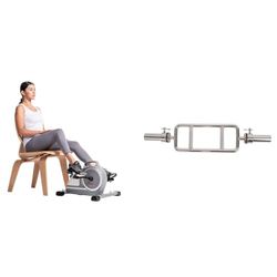 Sunny Health & Fitness Magnetic Under Desk Mini Exercise Cycle Bike, Dual Function Pedal Exerciser + 86 cm Olympic Triceps Bar with Ring Collars, Olympic Weight for Weightlifting and Bodybuilding