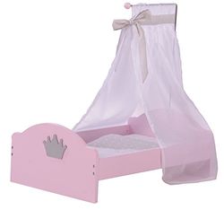 roba Lit de Poupée en Bois Princess Sophie - Inclus Textile - Couverture + Oreiller + Ciel de Lit et Support - Rose / Gris
