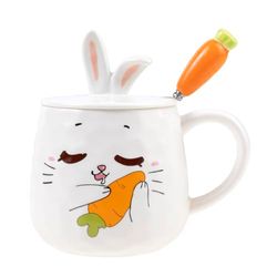 lachineuse - Tasse Lapin Amoureux - Collection Lapin - Couvercle Oreilles de Lapin et Cuillère Carotte - Porcelaine et Métal - 425 ML - Café, Thé, Chocolat, Cappuccino - Idée Cadeau Originale