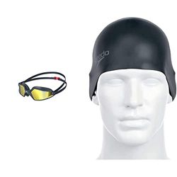 Speedo Gafas Hydropulse Mirror adulto unisex, Azul marino/Gris óxido/Azul & Plain Moulded Silicone Cap, Gorro De Natación Adult Unisex, Negra, Talla Única