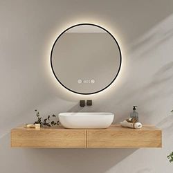 EMKE Miroir de Salle de Bain Rond avec eclairage, Diamètre 70 cm, Miroir de Salle de Bain Cadre Noire avec Interrupteur Tactile, Anti-buée, Horloge, Température, Dimmable, Éclairage Neutre