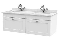 nuie CLC194WS2 Classique Wall Hung 2 Drawer Unit & 1 Tap Hole Marble Worktop with Square Basin, 1200mm, Satin White