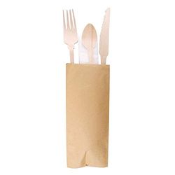 100 delar – Set gaffel + kniv + serv + sked "klassisk" 20 cm naturligt trä