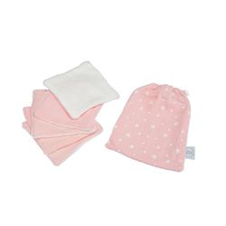 Set van 5 washandjes katoenen gaas met spons 11 x 11 cm, met roze zak