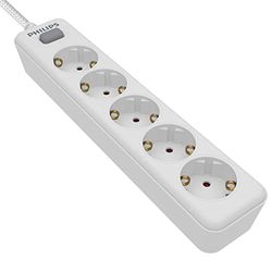 Philips SPN1142WA/10 - Multipresa a 4 prese Schuko, interruttore on/off, cavo di alimentazione intrecciato 2 metri (alta resistenza) - Colore bianco