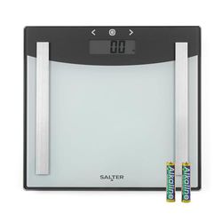 Salter 9137 SVWH3R Premium Glass Analyser Scale, 180 KG Maximum Capacity, Measures Weight, Body Fat/Water, BMI, Athlete Mode, 8 User Memory, Carpet Feet, Batteries Included, Silver