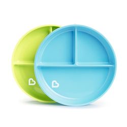 Munchkin Conjunto de pratos divididos Stay Put para bebé, prato para bebé e criança pequeno com compartimentos para o desmame, prato com ventosa para crianças de 6 m, conjunto de 2, azul/verde