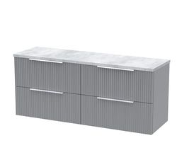 Hudson Reed DFF293LBG2 Fluted Modern Bathroom Wall Hung 4 Soft Close Drawer Vanity Unit and Bellato Grey Laminate Worktop, 1200mm, Satin Grey