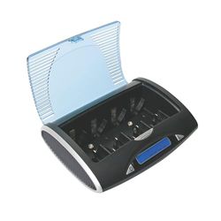 Velleman Carregador/descarregador rápido universal, com ecrã LCD, adequado para pilhas NiMH AA, AAA, C, D, 9 V, com saída USB, controlo por microprocessador, indicador LED durante o carregamento,