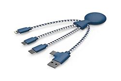 Xoopar - Mr Bio - Octopus Blue 4 in 1 Multi USB Cable Universal Charger Designed con materiales respetuosos con el medio ambiente Micro USB, USB, Lightning, Universal USB plug for Smartphone