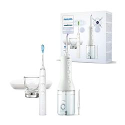 Philips Sonicare Brosse à dents électrique sonique DiamondClean 9000 + Jet dentaire sans fil Power Flosser 3000, Blanc (modèle HX3866/41)