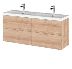 Hudson Reed CBI3032A Fusion Modern Bathroom Wall Hung 4 Soft Close Drawer Vanity Unit and Double Ceramic Basin, 1200mm, Bleached Oak