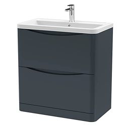 nuie LUN1403A Lunar Modern Bathroom Floor Standing 2 Drawer Vanity Basin Unit with Ceramic Basin, 800mm, Soft Black