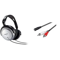 PHILIPS Shp2500 Cuffia Tv A Filo, Cavo Da 6 Metri, Controllo Volume Integrato, Comodi Pad, Grigio & Goobay Cavo Adattatore Per Cuffie Per Tv Senza Presa Per Cuffie