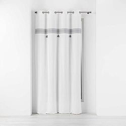 Douceur d'Intérieur, Rideau à Oeillets (140 x 240 cm) Amaya Gris, Coton Uni Finition Top Brodé avec Pompons