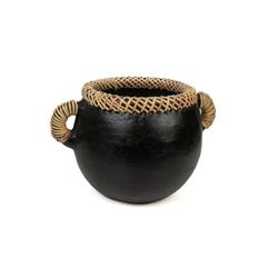 Romimex Macetero Negro Cerámica Ratán 25 x 17 x 20 cm con Asas