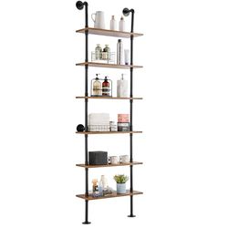 VEVOR Industrial Pipe Shelf, 6 Tier 24x9.84in, Wall-Mount Floating Rustic Wood Shelves Bracket Display Bookshelf, Storage Rack Sundries Holder for Kitchen Bedroom Bathroom Living Room, Black