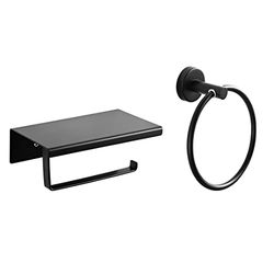 EMKE Portasciugamani per bagno e carta igienica porta rotolo con mensola, in acciaio inox supporto da parete porta asciugamani e anello per asciugamani set di 2 pezzi per cucina e bagno, nero