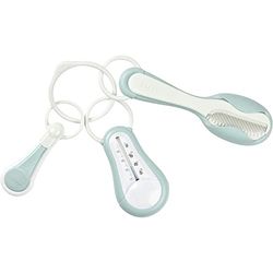 BÉABA, Set accessoires toilette bébé/ Enfant, Thermomètre de bain+ Coupe ongle+ Peigne brosse, Green Blue
