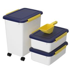Cetomo hundfoderbehållare, lufttät foderbehållare med hjul, silikonförsegling, snäppförslutningar, plastfoderbehållare med lock för hundar, vit, 10 l x 2 32 l, 3,5 kg x 2 + 12 kg (1 spade)