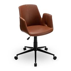 Demeyere Bureaustoel van leer met 5 wielen, comfortabel en elegant, vintage stijl, kleur bruin en mat zwart, 66 x 81/92 x 65 cm, klein