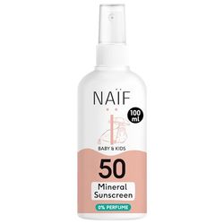 Naïf Mineralny spray przeciwsłoneczny – dla niemowląt i dzieci – LSF 50 – spray bez oktokrylenu – ochrona UVA i UVB – odporny na działanie wody – testowany dermatologicznie – bez mikroplastiku – 100