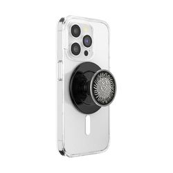 PopSockets Uchwyt do telefonu MagSafe, bezpieczny magnetyczny uchwyt i stojak na telefon, podpórka bez użycia rąk, kompatybilny z bezprzewodowym ładowaniem - emaliowany młotkowany słońce czarny