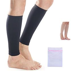 360 RELIEF Compression Calf Sleeves - for Torn Muscle Cramps Sports | Workout, Shin Splints, Circulation, Fitness, Running, Jogging, Marathon, Hiking | 1 Pair Large, Black with Mesh Laundry Bag