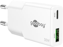 goobay Cargador USB-C rápido GAN Slim 30W con Doble Puerto, diseño extraplano, Carga Segura, Compatible con iPhone, Samsung, Xiaomi, iPad, Blanco, 75738