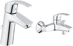 Grohe Eurosmart New Miscelatore Monocomando Per Vasca/Doccia, Cromo, Esterno 33300002 & Eurosmart Miscelatore Monocomando Per Lavabo Con Astina A Saltarello, Cromo, M 23322001