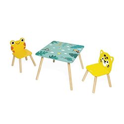 Janod - Tafel en 2 stoelen van tropisch hout – meubels voor kinderen – tafel 55 x 55 cm, stoel kikker en stoel Jaguar – kleur op waterbasis – vanaf 3 jaar, J08273