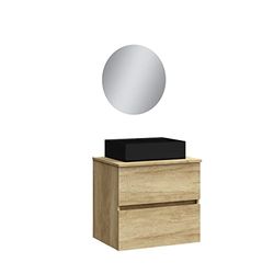 Baikal Meuble de Salle de Bain Onyx Black, 2 tiroirs, Suspendu au Mur, avec lavabo en céramique Noir Mat, mélamine 16 mm. Meuble monté. Lavabo rectangulaire/avec Miroir 60 cm Nature