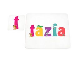 Little Helper LHV-TAZIA-COASTERANDPLACEMAT-15IT Dessous de verre et sets de table avec finition brillante, personnalisés pour filles Nom Tazia, multicolore, 21 x 30 x 2 cm