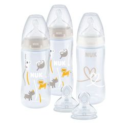 NUK First Choice+ set med nappflaskor och två extra dinappar | 0–6 månader | Temperaturkontroll | Antikolik-ventil | 300 ml | BPA-fria | Dinapp i silikon | 3 delar | Safari (grå)