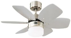 76 cm plafondventilator Flora Royale 788 met enkele lamp en zes vleugels, uitvoering in zijdemat chroom met opaalmelkglas