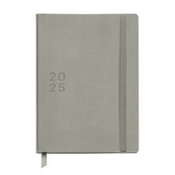 Miquelrius - 2025 Diary, Size 155 x 213 mm, Day Page Diary, Stitched Leather Cover, 100 g/m² Sustainable Paper, Elastic Closure, Spanish, English and Portuguese, Grey